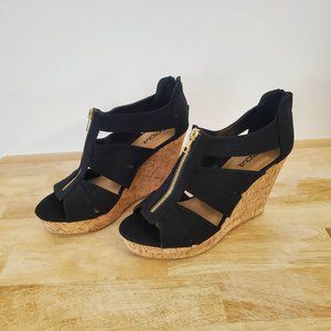 Black wedges with cork heel and gold zip Size 10 SODA